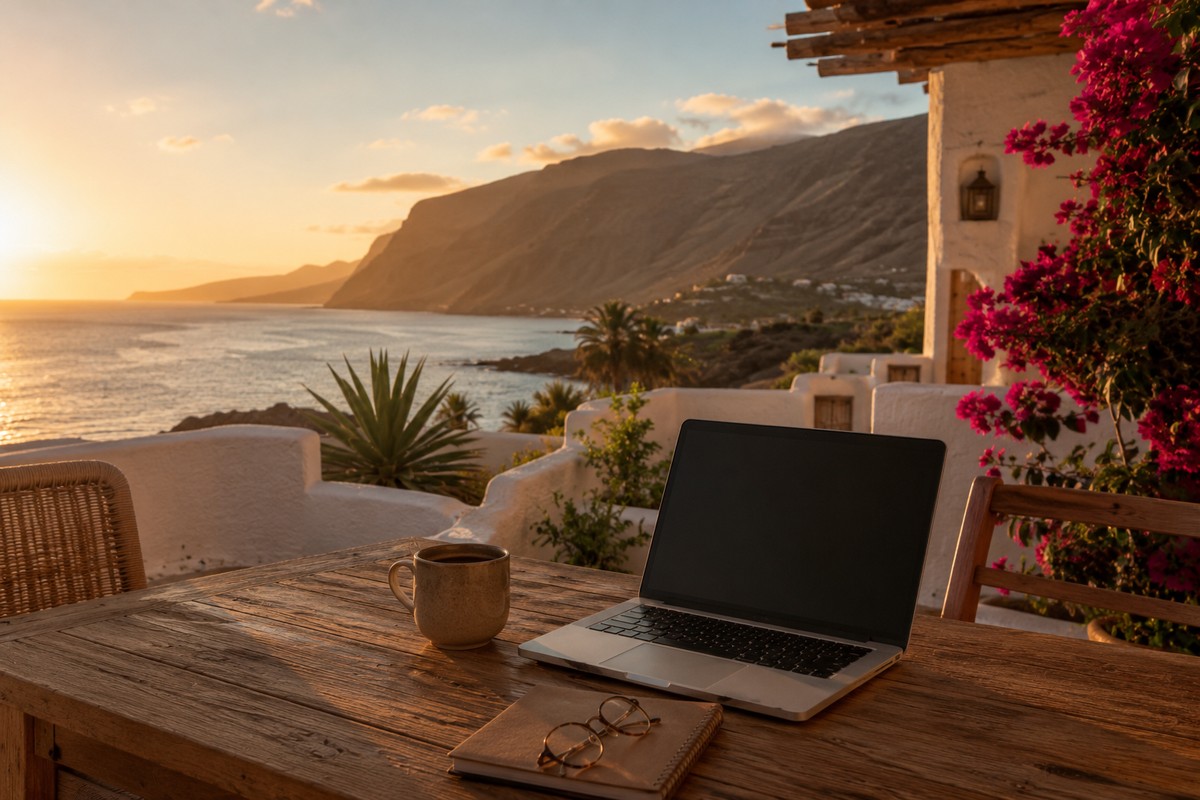 Terraza de una casa canaria con vistas al océano, preparada para trabajar en remoto